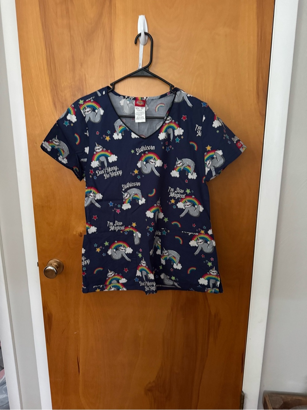 Sloth Unicorn Print Scrub Top with Rainbows